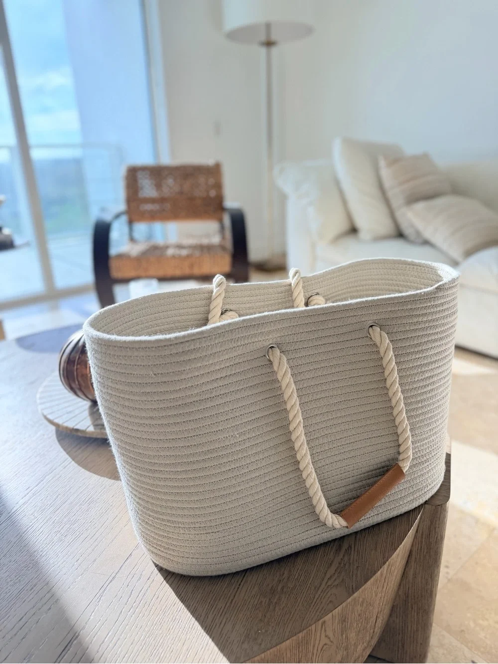Neutral Cream Rope Tote with Leather Handle Accent